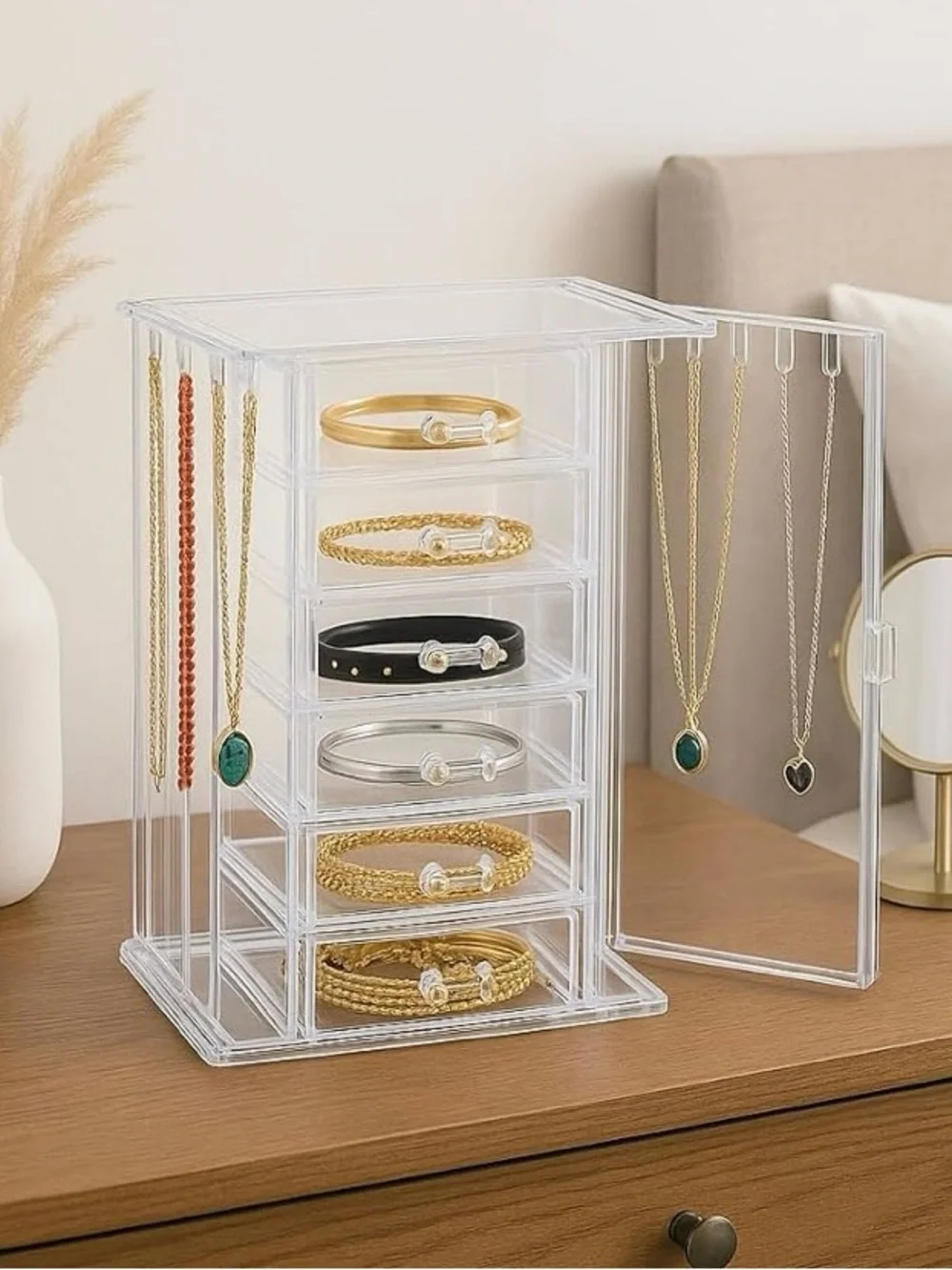 Clear Acrylic Jewelry Organizer Tower with Drawers and Hooks